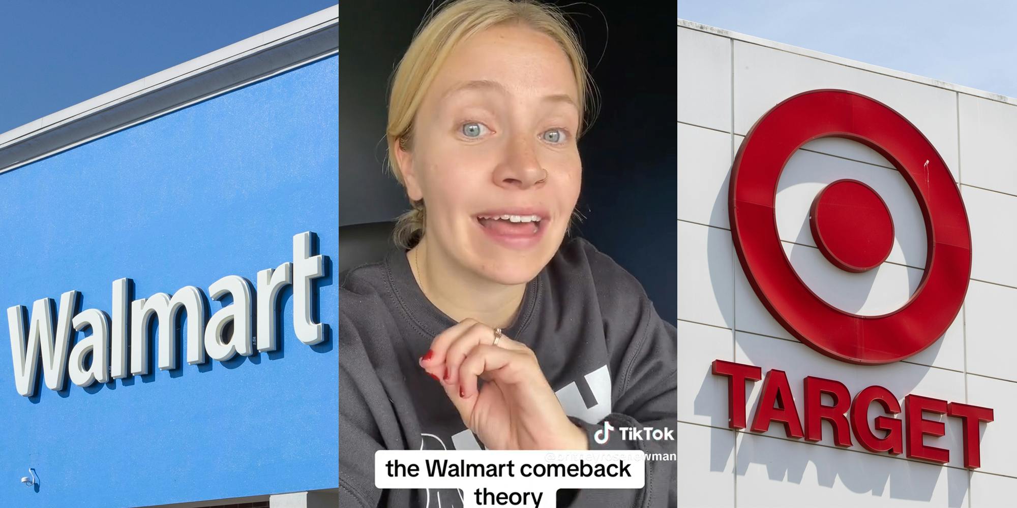 Outside of store Walmart logo on blue wall(l), Blonde woman speaking with text below that says "the walmart comeback theory"(c), A target logo and text outside of store(r)