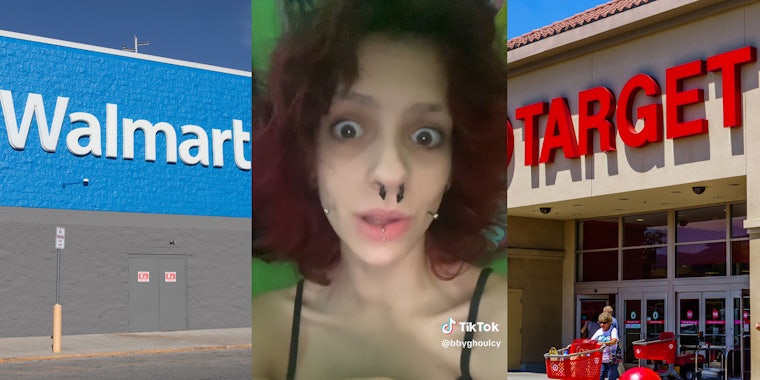Walmart storefront(l), Person looking surprised(c), Target storefront(l)