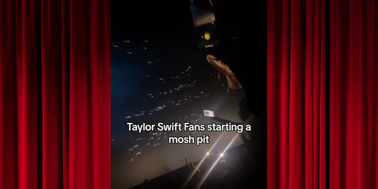 People in theater with caption 'Taylor Swift fans starting a mosh pit' between red curtains