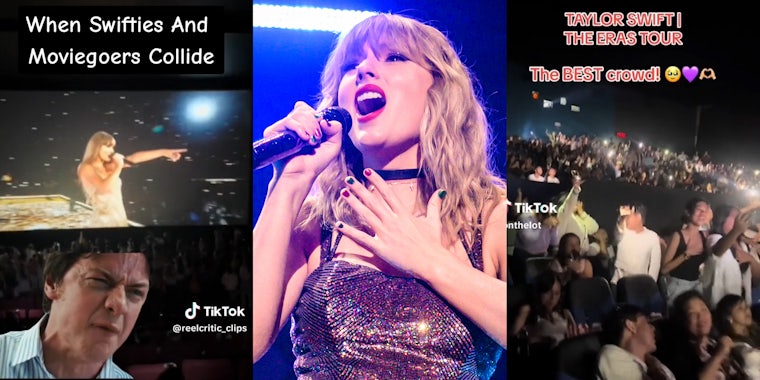 Angry James McAvoy gif over taylor swift on screen(l), Taylor Swift singing(c), Crowd at eras tour(r)