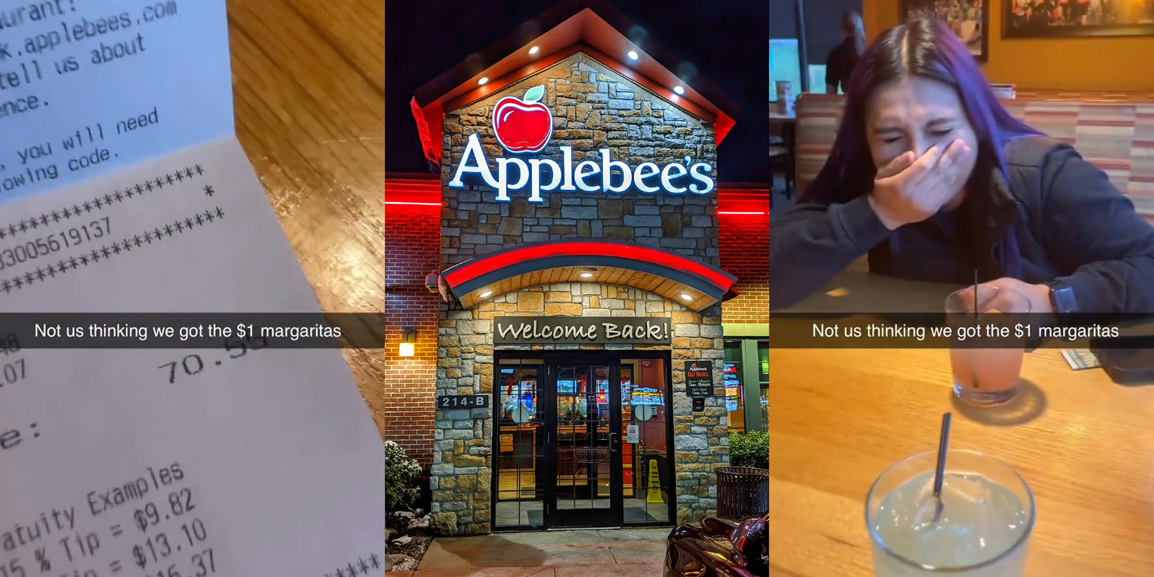 Applebee's customer's receipt with caption 'Not us thinking we got the $1 margaritas' (l) Applebee's building with sign at night (c) Applebee's customer with caption 'Not us thinking we got the $1 margaritas' (r)