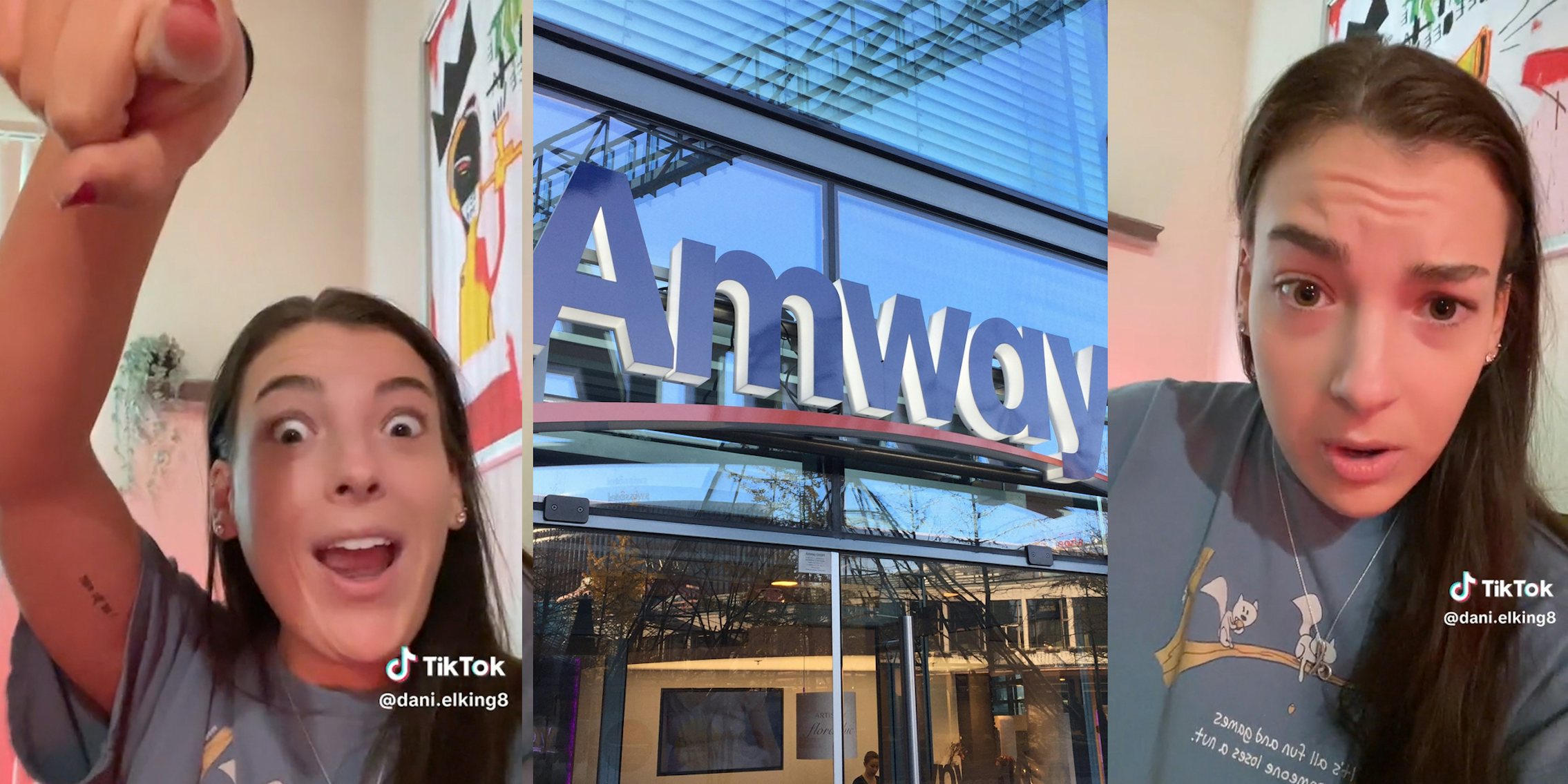 Woman pointing with wide eyes(l), Amyway sign in front of building(c), Same woman looking concerned(r)