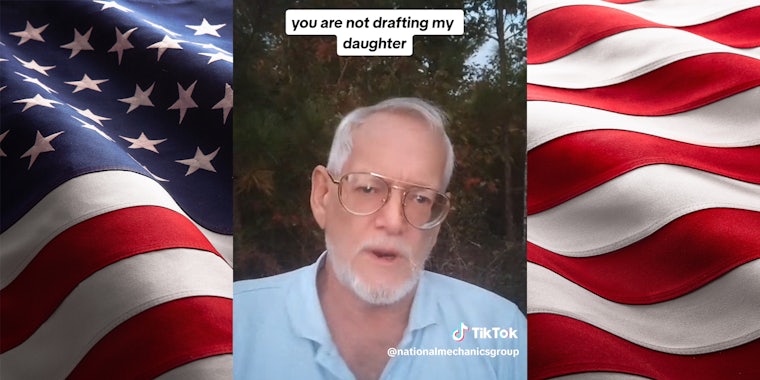 American flag background(l+r), Man talking about draft(c)