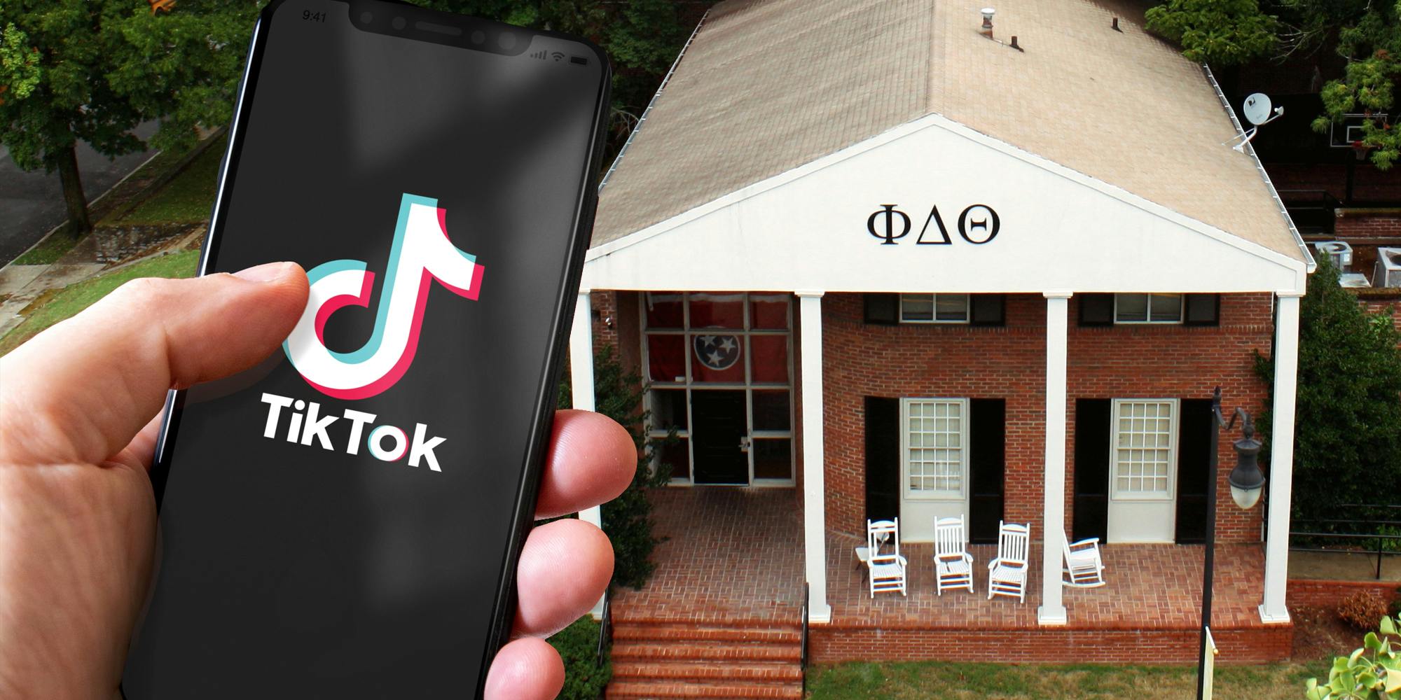Hand holding phone with tiktok open over an aerial of a frat house.
