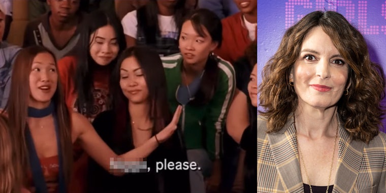 actors in Mean Girls speaking with caption 'blank, please.' (l) Tina Fey in front of purple background (r)