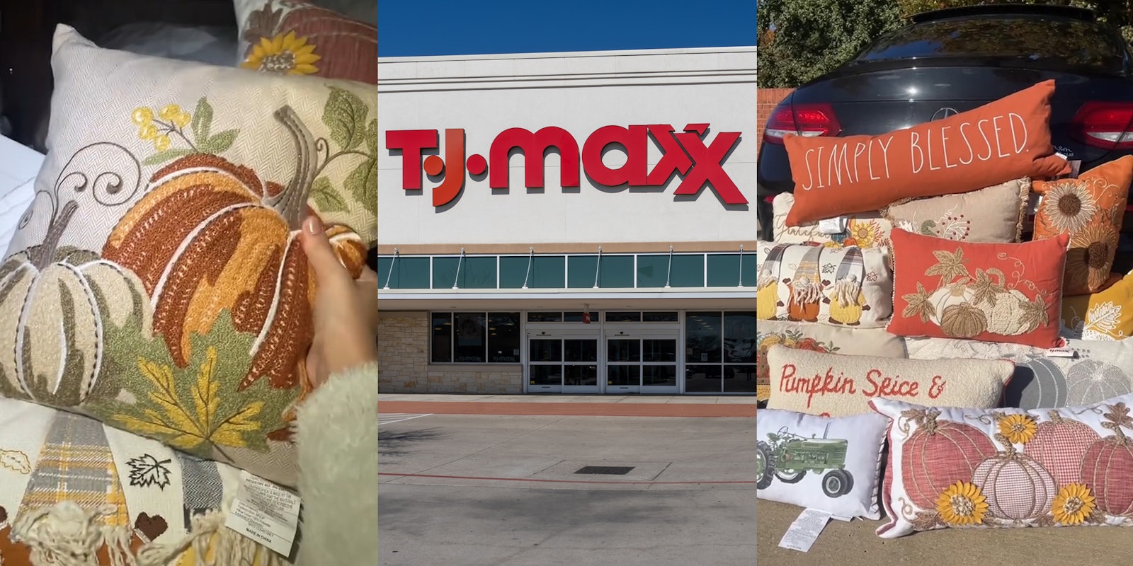 TJ MAXX customer holding fall pillow in dumpster (l) TX MAXX building with sign (c) fall decor pillows stacked outside (r)