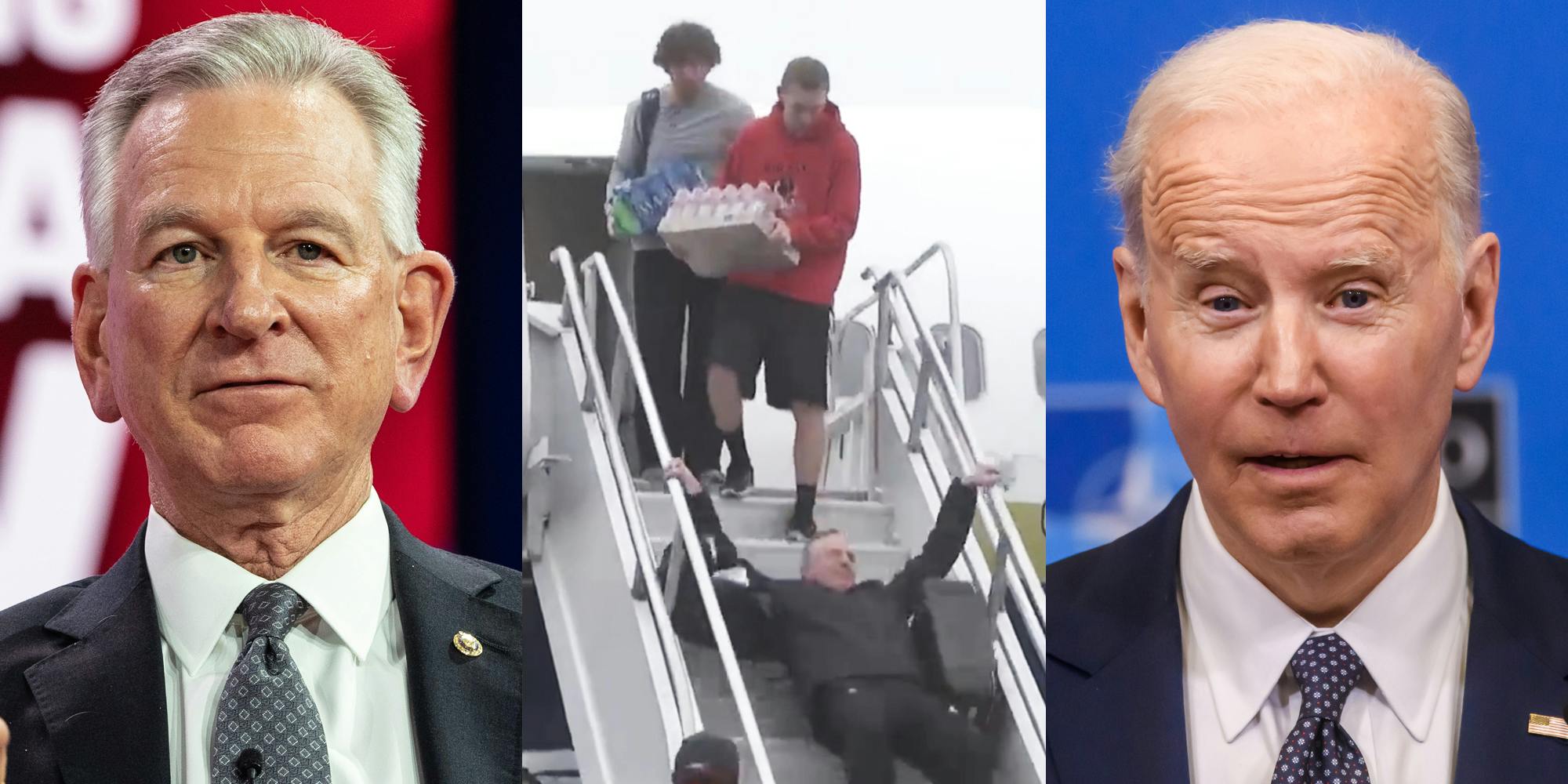 Tommy Tuberville(l), Tommy Tuberville falling down airplane stairs(c), Joe Biden looking surprised(r)