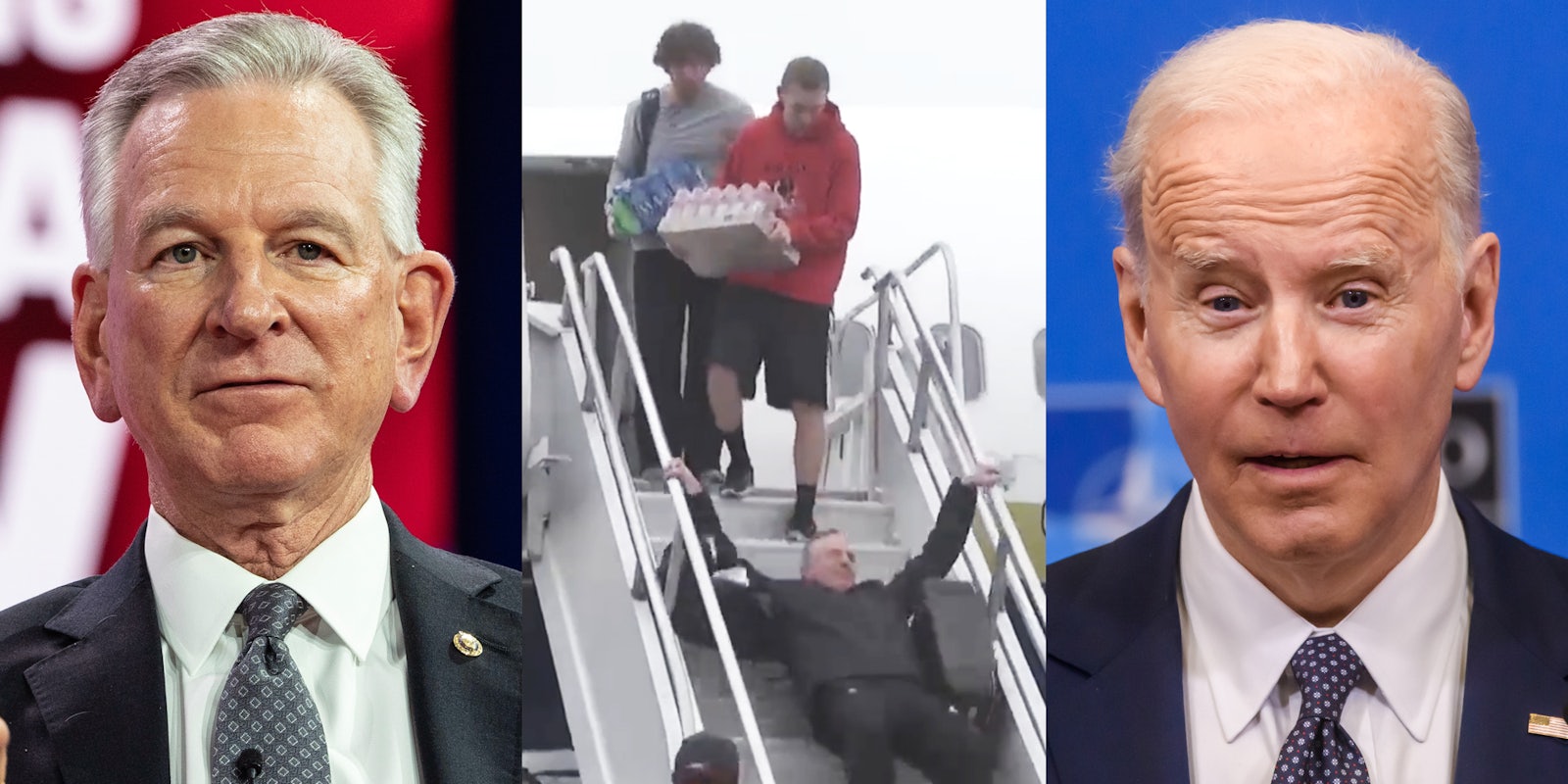 Tommy Tuberville(l), Tommy Tuberville falling down airplane stairs(c), Joe Biden looking surprised(r)