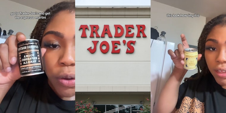 Trader Joe's customer holding small drink with caption 'go to Trader Joe's and get the espresso martini' (l) Trader Joe's building with sign (c) Trader Joe's customer holding small drink with caption 'this look how tiny it is' (r)