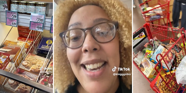freezer case (l) woman smiling (c) grocery cart (r)