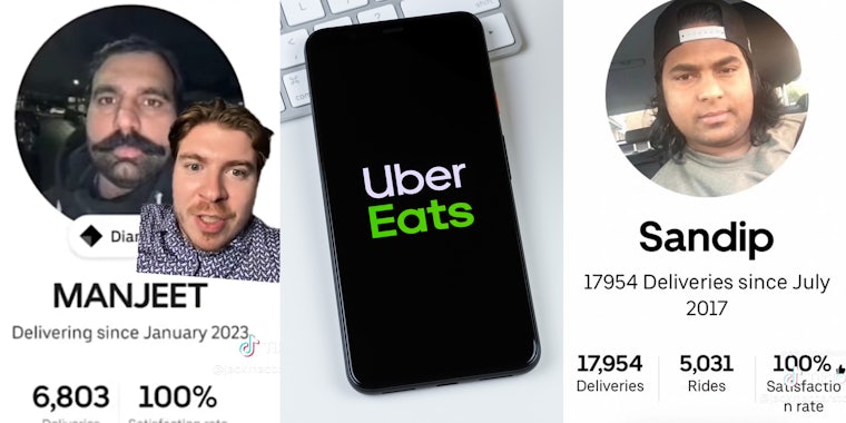 Uber eats driver profiles(l+r), Phone with Uber Eats app open(c)