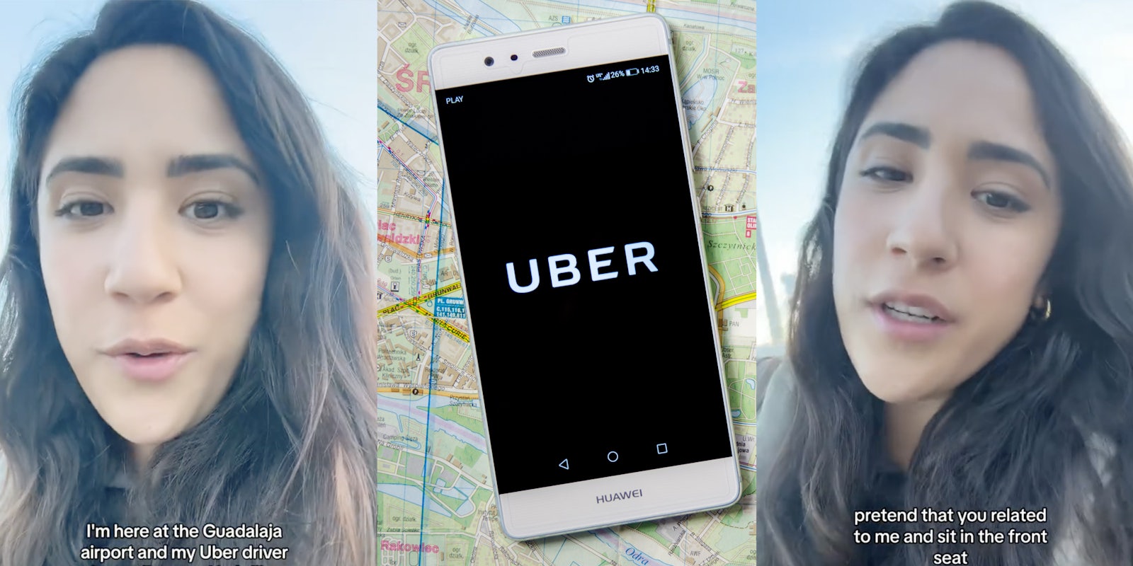 Woman talking to camera(l+r), Uber app on phone on top of map(c)