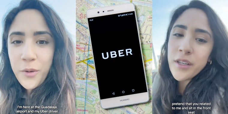 Woman talking to camera(l+r), Uber app on phone on top of map(c)