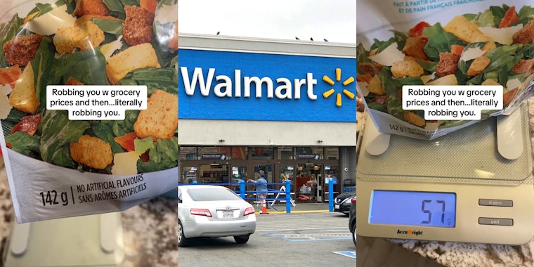 Walmart croutons with caption 'Robbing you w grocery prices and then... literally robbing you.' (l) Walmart building with sign (c) Walmart croutons with caption 'Robbing you w grocery prices and then... literally robbing you.' (r)