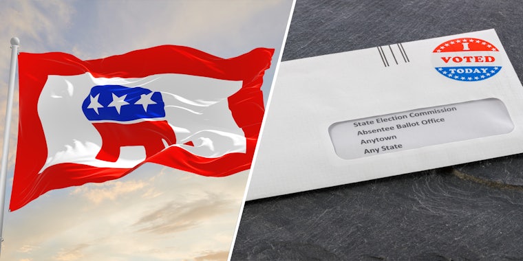 Republican flag(l), I voted envelope(r)