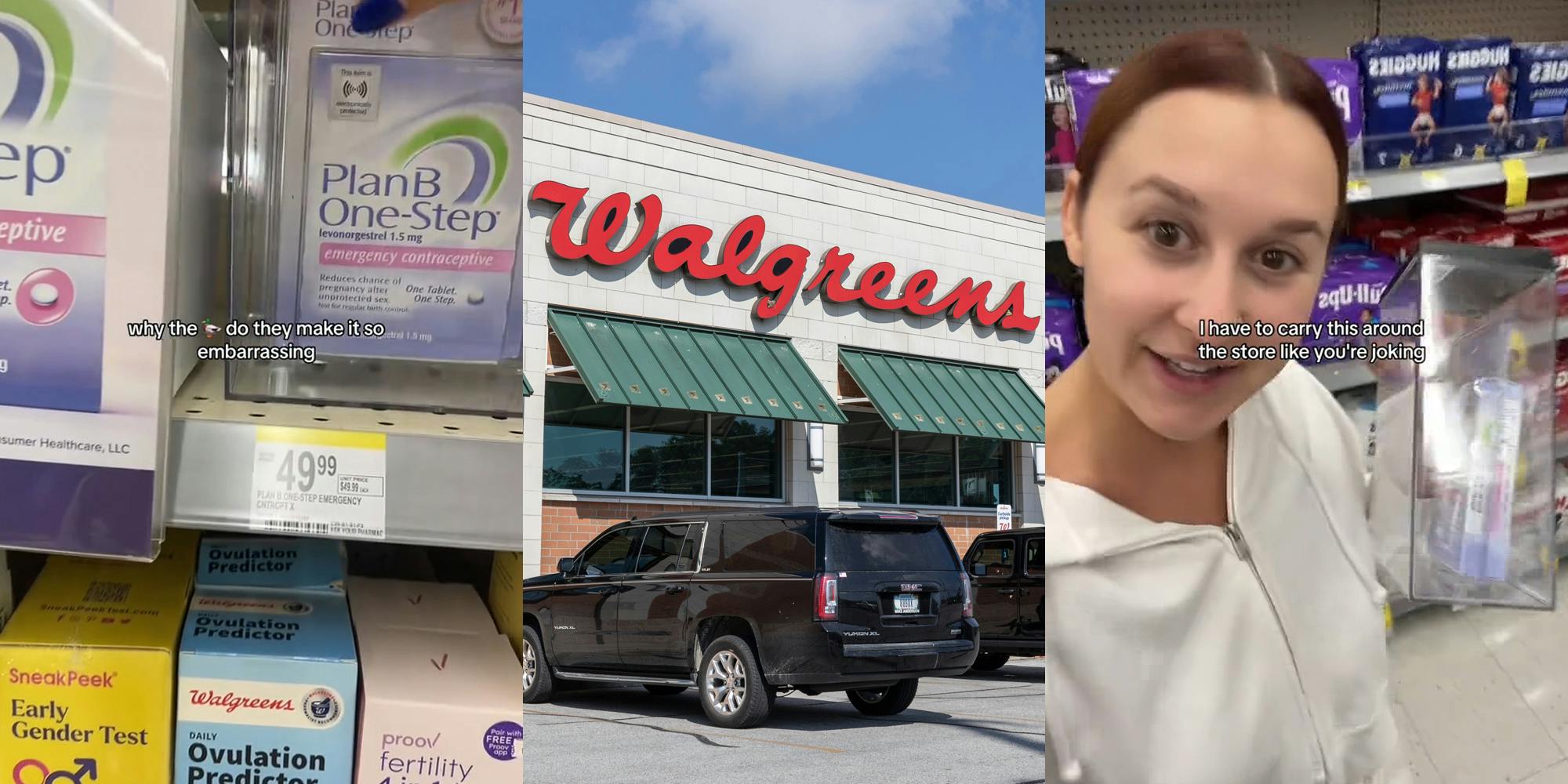 Plan B in case at Walgreens with caption "why the (banana emoji) do they make it so embarrassing..." (l) Walgreens building with sign (c) Walgreens customer speaking holding Plan B in case with caption "I have to carry this around the store like you're joking" (r)