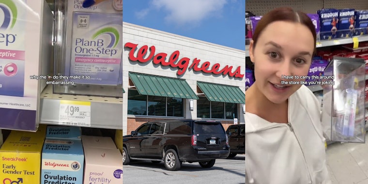 Plan B in case at Walgreens with caption 'why the (banana emoji) do they make it so embarrassing...' (l) Walgreens building with sign (c) Walgreens customer speaking holding Plan B in case with caption 'I have to carry this around the store like you're joking' (r)