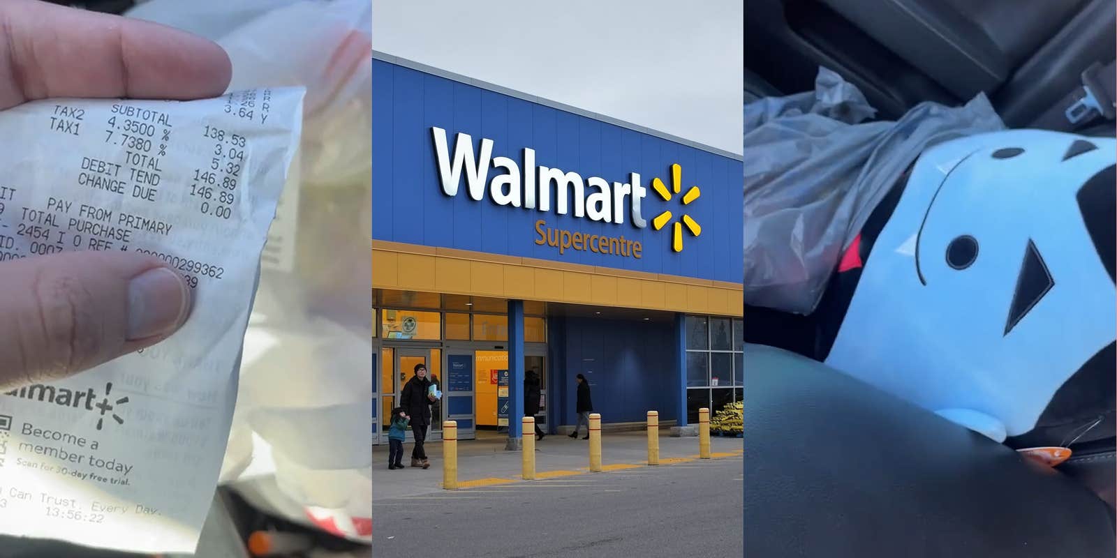 Walmart customer showing total on receipt (l) Walmart building with sign (c) Walmart bag in passenger seat of car with Halloween Squish mallow plushie inside (r)