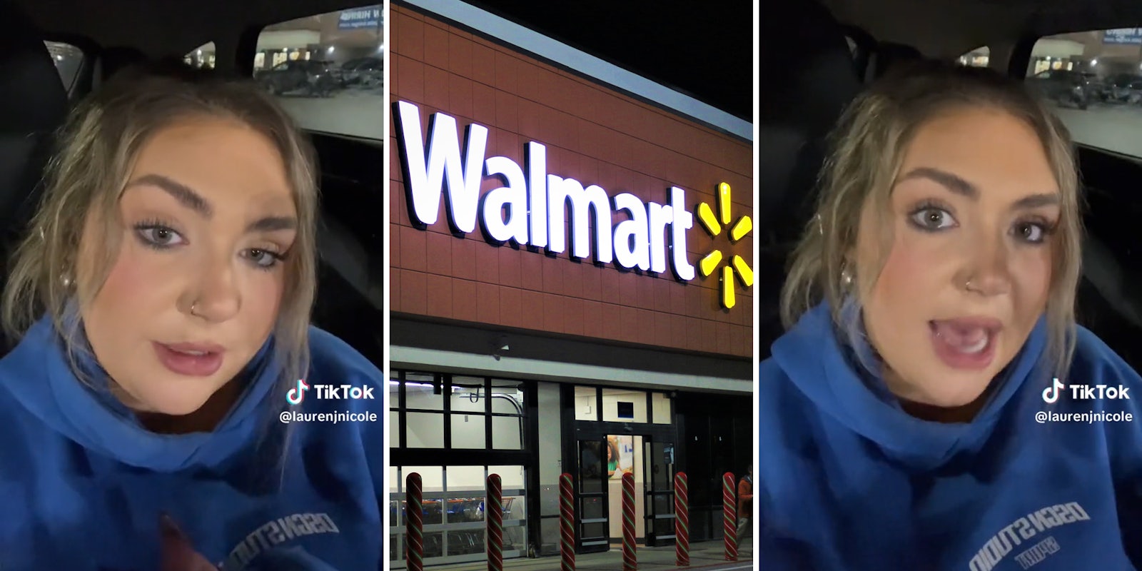 young woman in car in parking lot (l&r) walmart sign (c)
