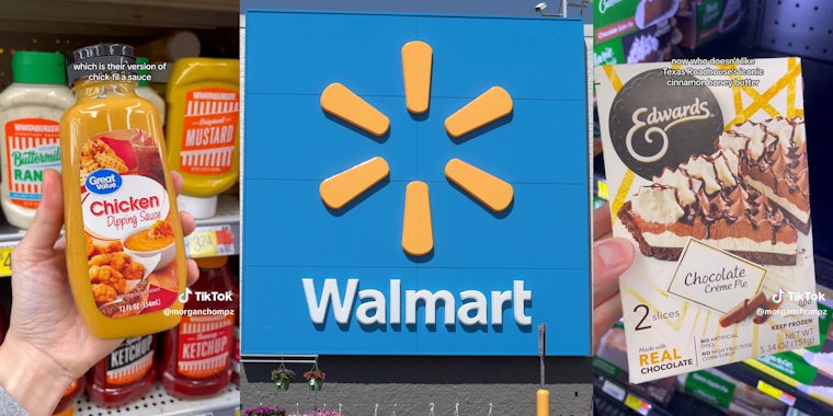 Hand holding chicken dipping sauce(l), Walmart storefront(c), Hand holding chocolate creme pie(r)