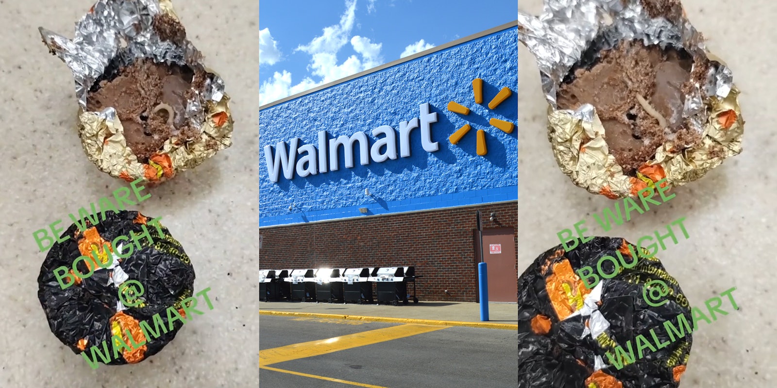 Reese's cups with worm with caption 'BEWARE BOUGHT @ WALMART' (l) Walmart building with sign (c) Reese's cups with worm with caption 'BEWARE BOUGHT @ WALMART' (r)