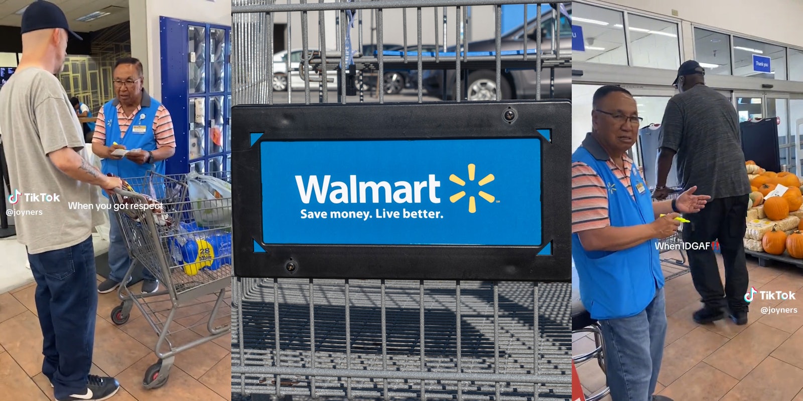 Man checking out at Walmart with guard(r), Walmart brand sign(c), Man ignoring guard while leaving (L)