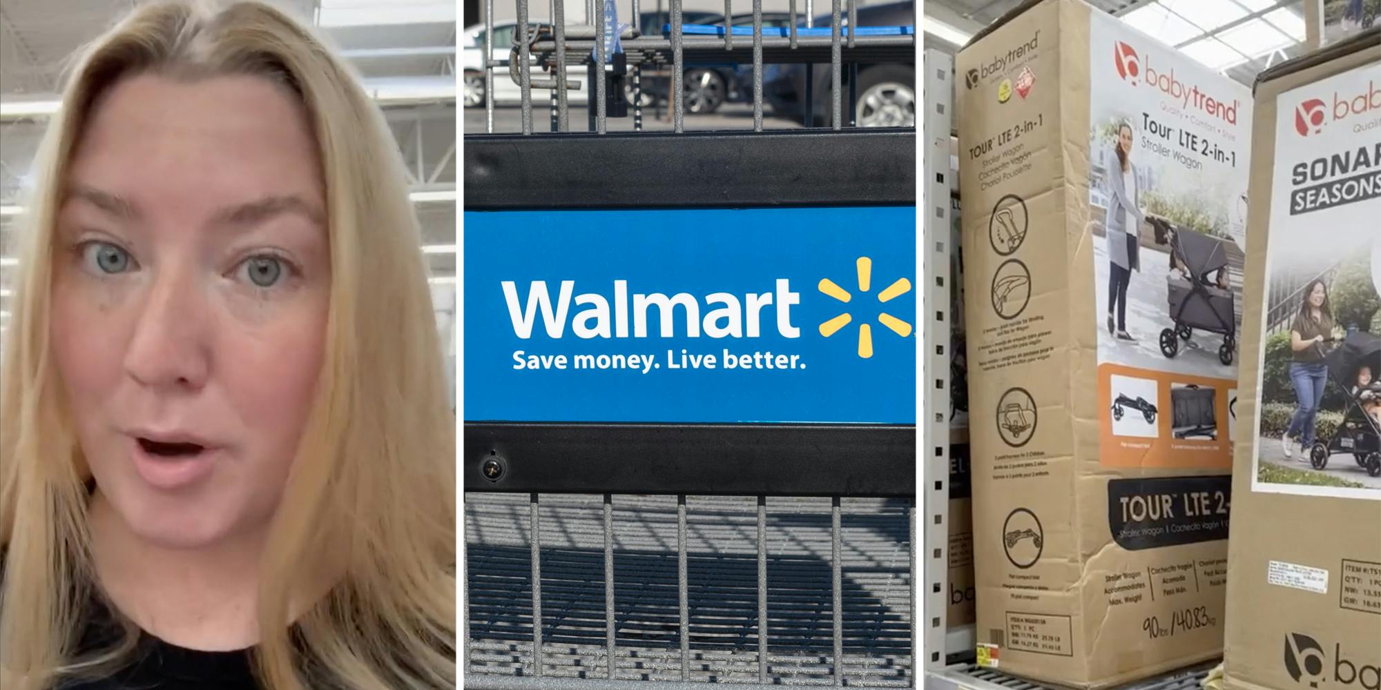 Woman talking(l), Walmart cart(c), Stroller in box(r)