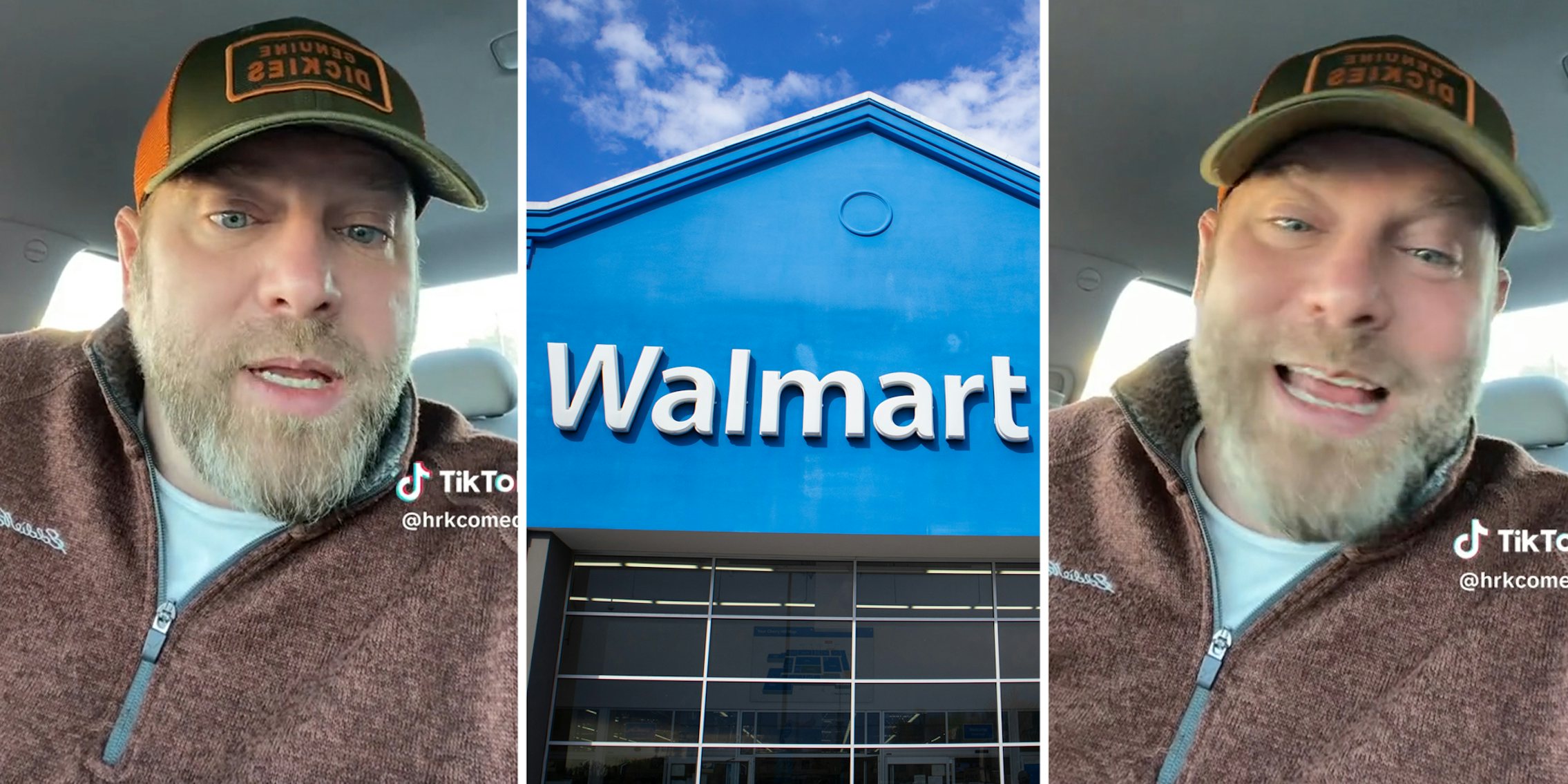 Man talking to camera(l+r), Walmart storefront(c)