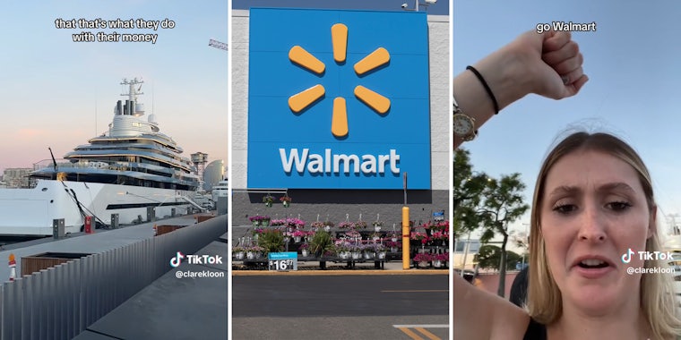 super yacht with caption 'that's what they do with their money' (l) walmart sign (c) young woman raising her fist with caption 'go walmart'