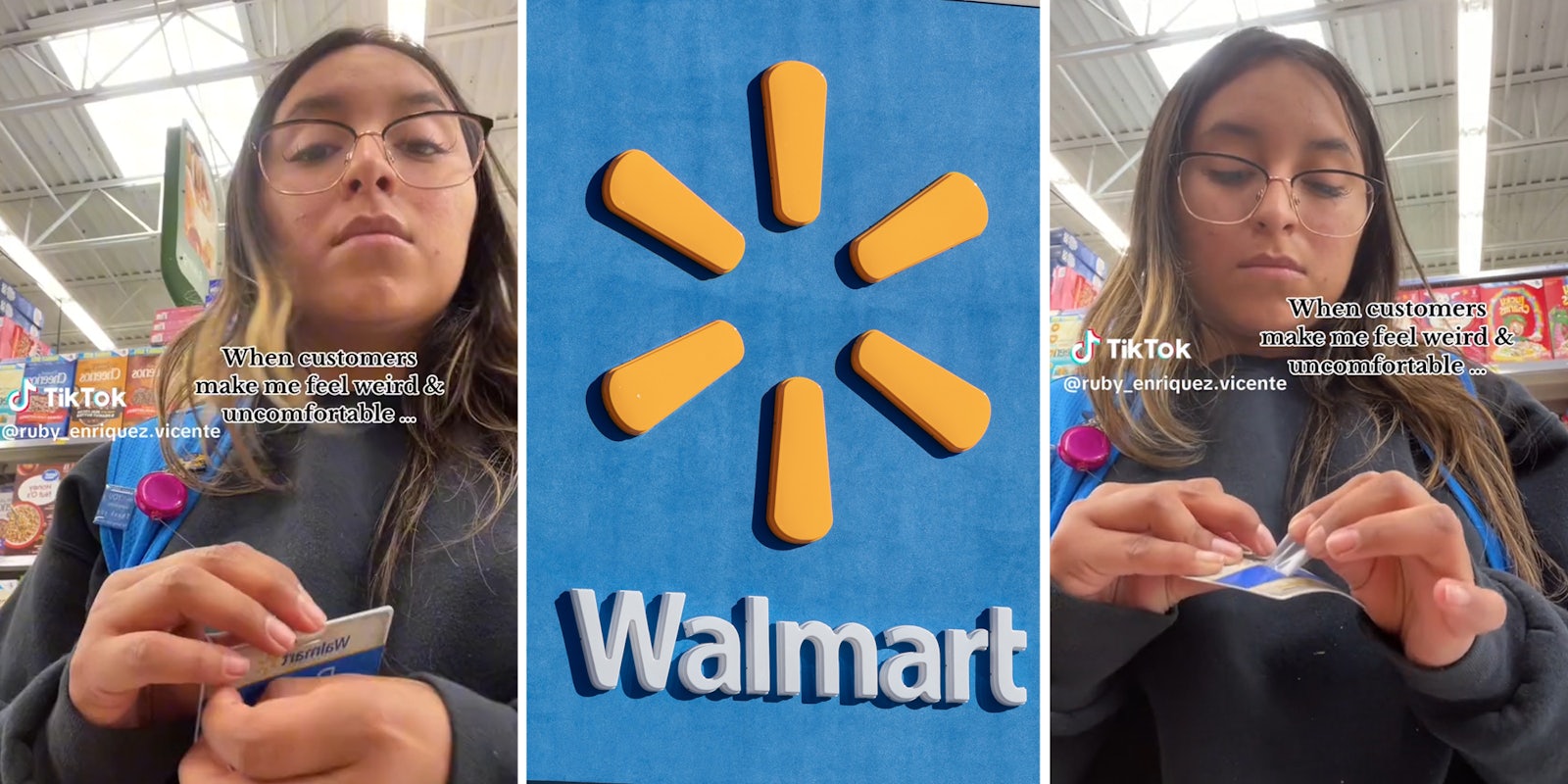 Walmart worker removing name tag(l+r), Walmart storefront logo(c)