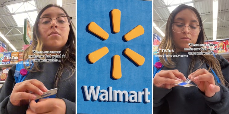 Walmart worker removing name tag(l+r), Walmart storefront logo(c)