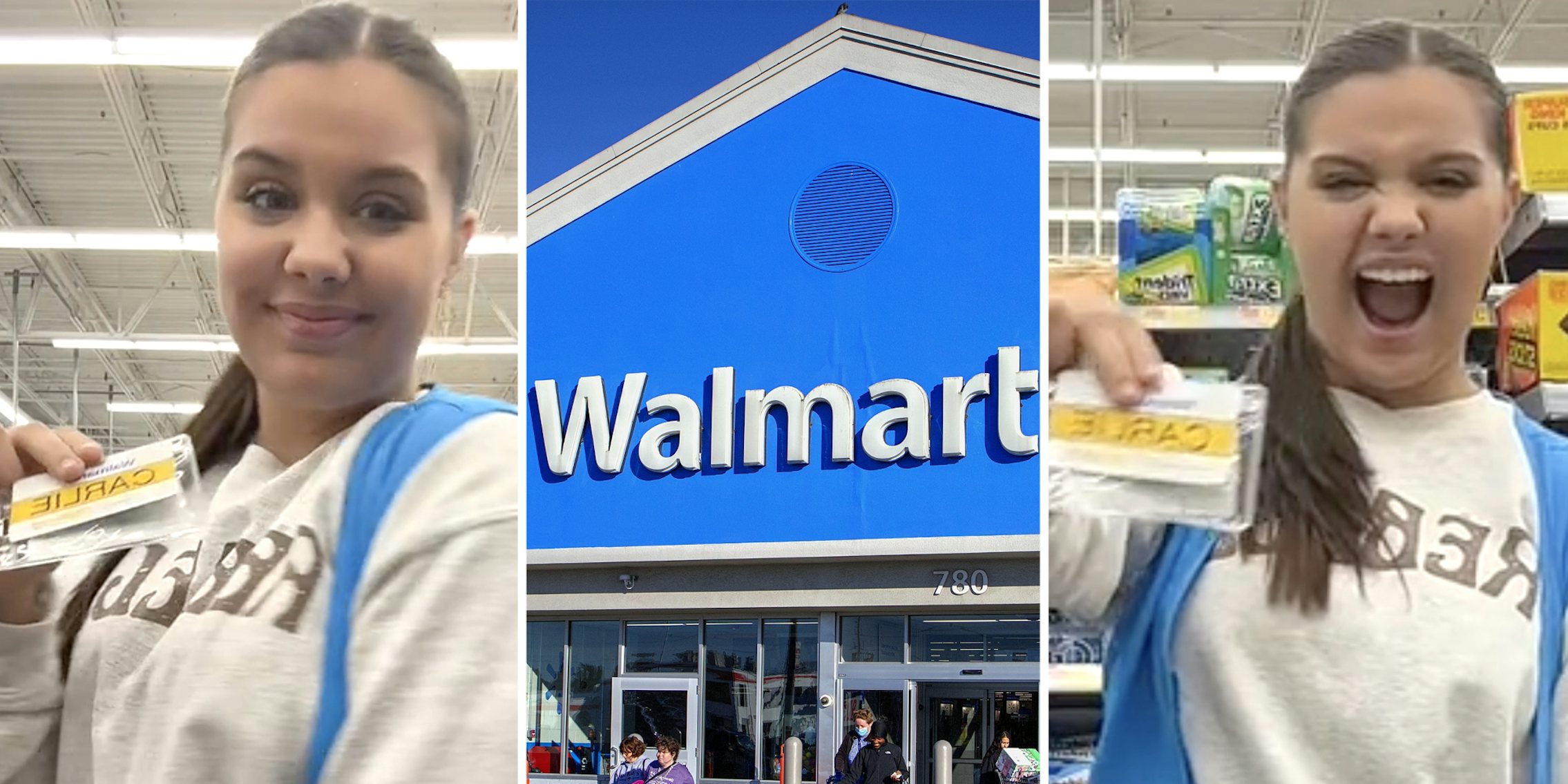Walmart worker showing off yellow name tag(l+r), Walmart store front(c)