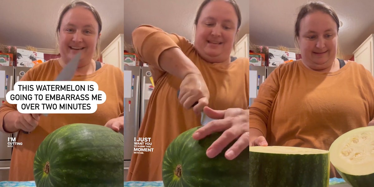 woman with 'watermelon' with caption 'THIS WATERMELON IS GOING TO EMBARRASS ME OVER TWO MINUTES' (l) woman with 'watermelon' with caption 'I just want you to share this moment with me' (c) woman with 'watermelon' (r)