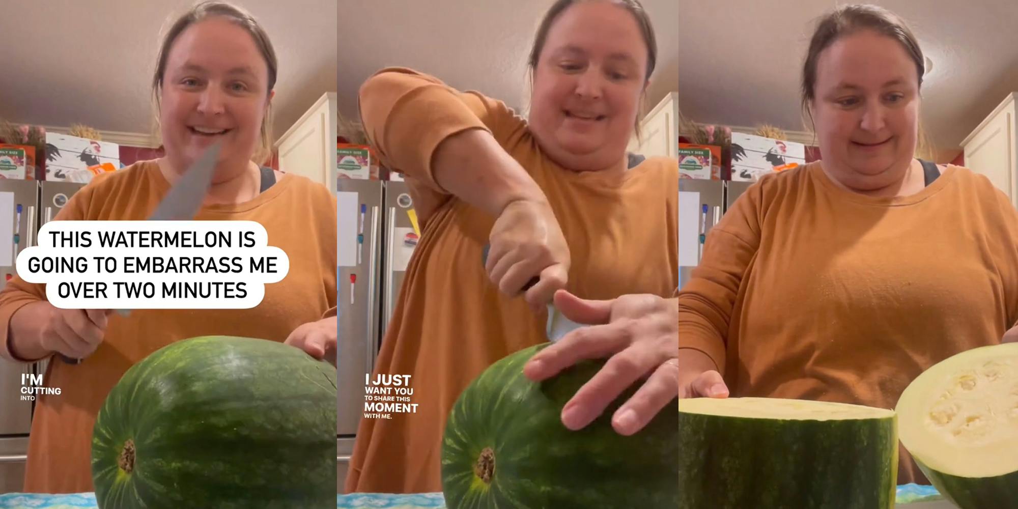 woman with "watermelon" with caption "THIS WATERMELON IS GOING TO EMBARRASS ME OVER TWO MINUTES" (l) woman with "watermelon" with caption "I just want you to share this moment with me" (c) woman with "watermelon" (r)