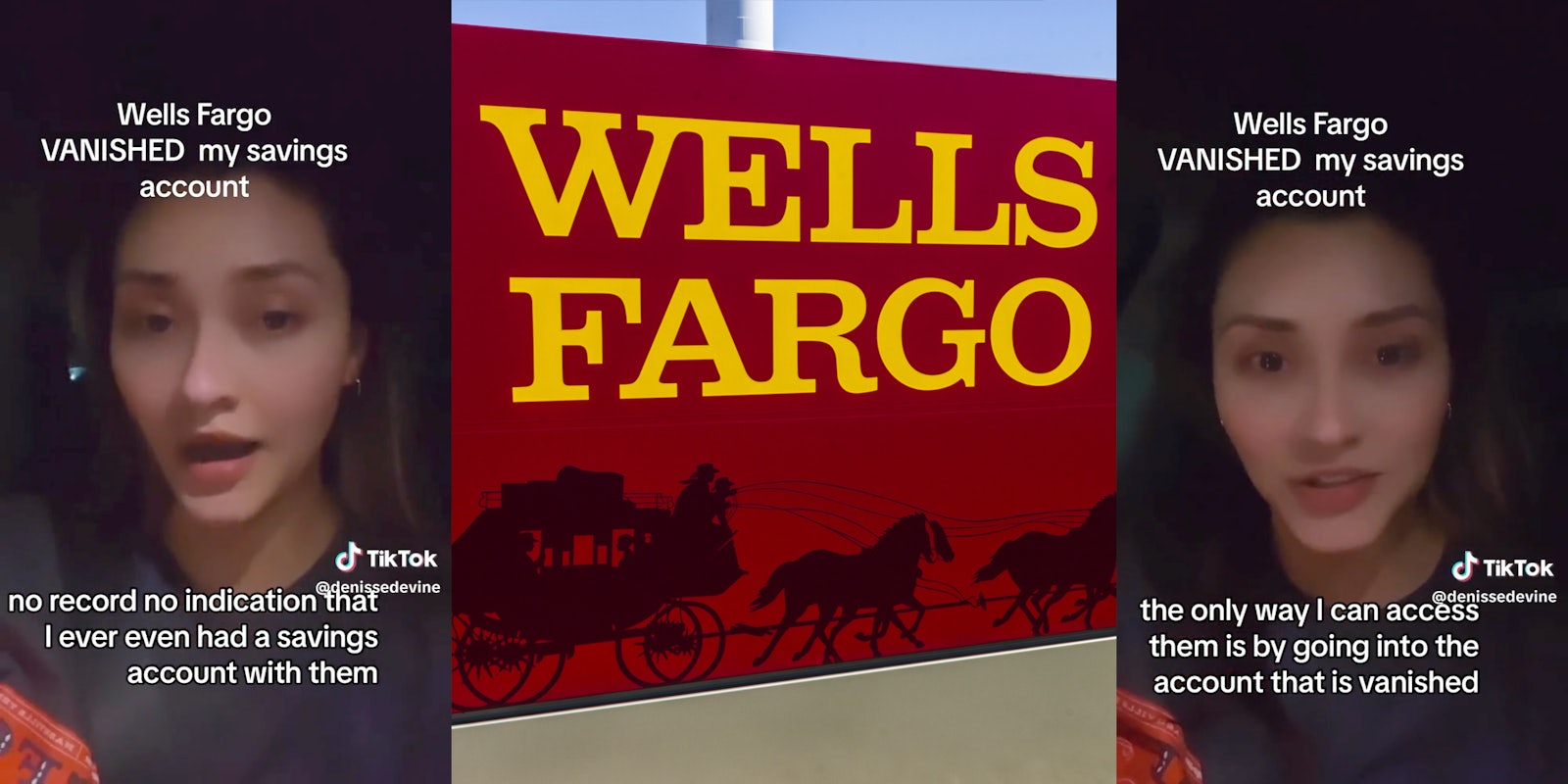 Woman in car talking(l+r), Wells Fargo sign with carriage illustration(c)