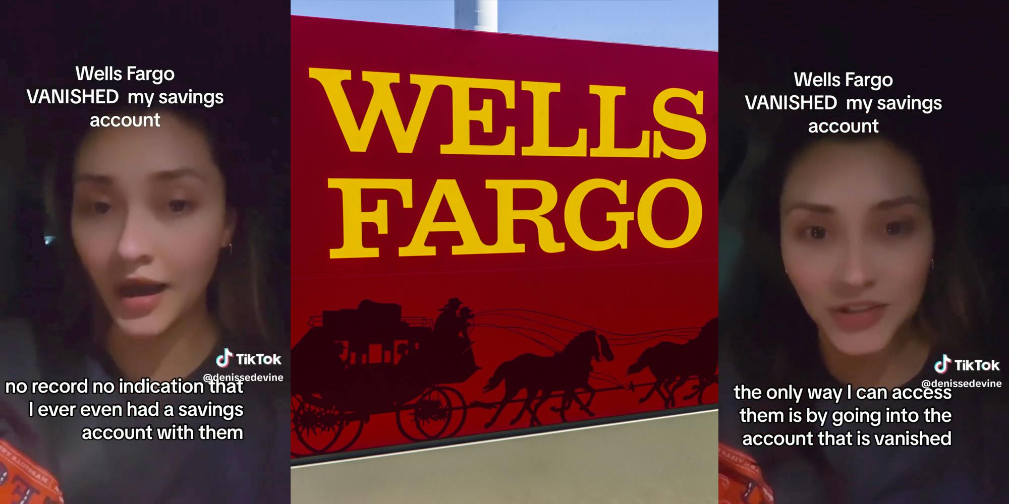 Woman in car talking(l+r), Wells Fargo sign with carriage illustration(c)