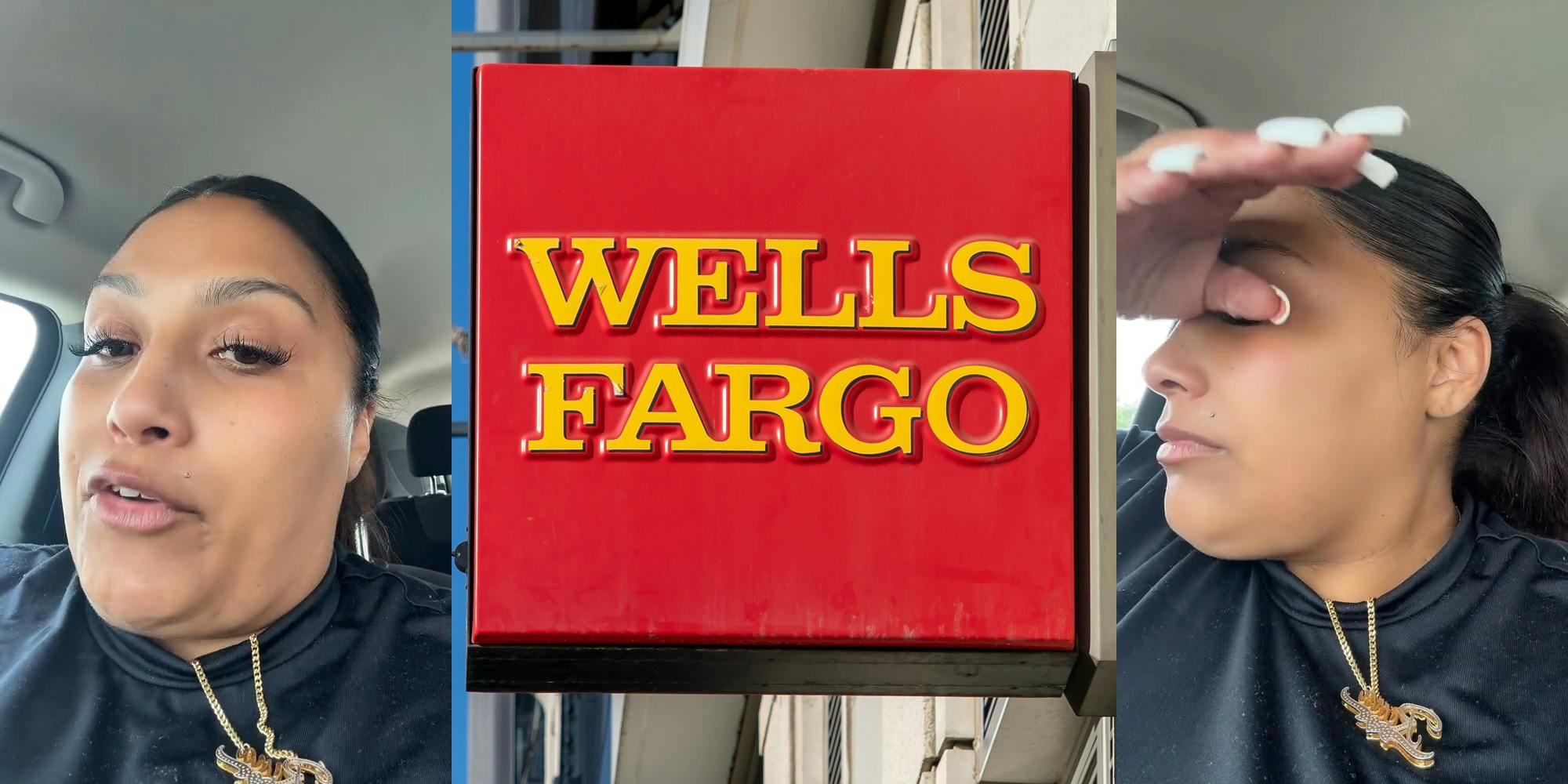 Upset woman in car (l&r) Wells Fargo sign (c)