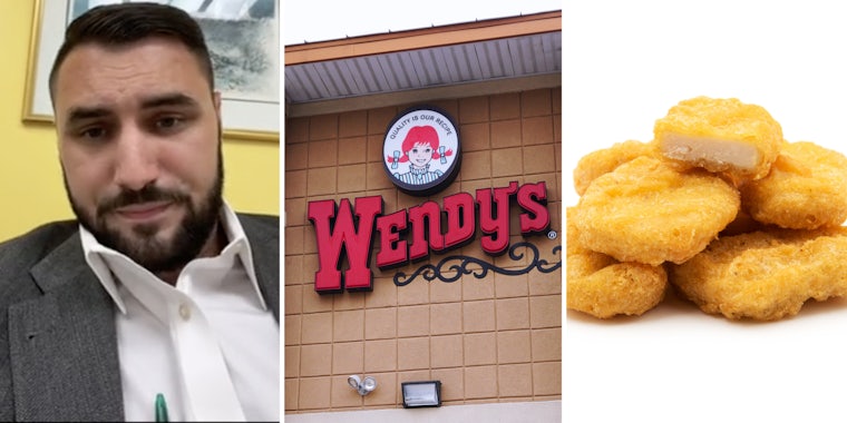 Man looking at camera(l), Wendy's storefront(c), Chicken nuggets(r)