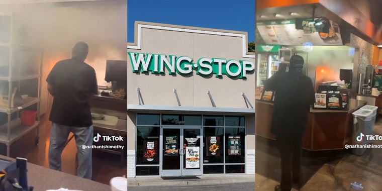 Man putting out fire(l), Wing stop storefront(c), Wingstop on fire(r)