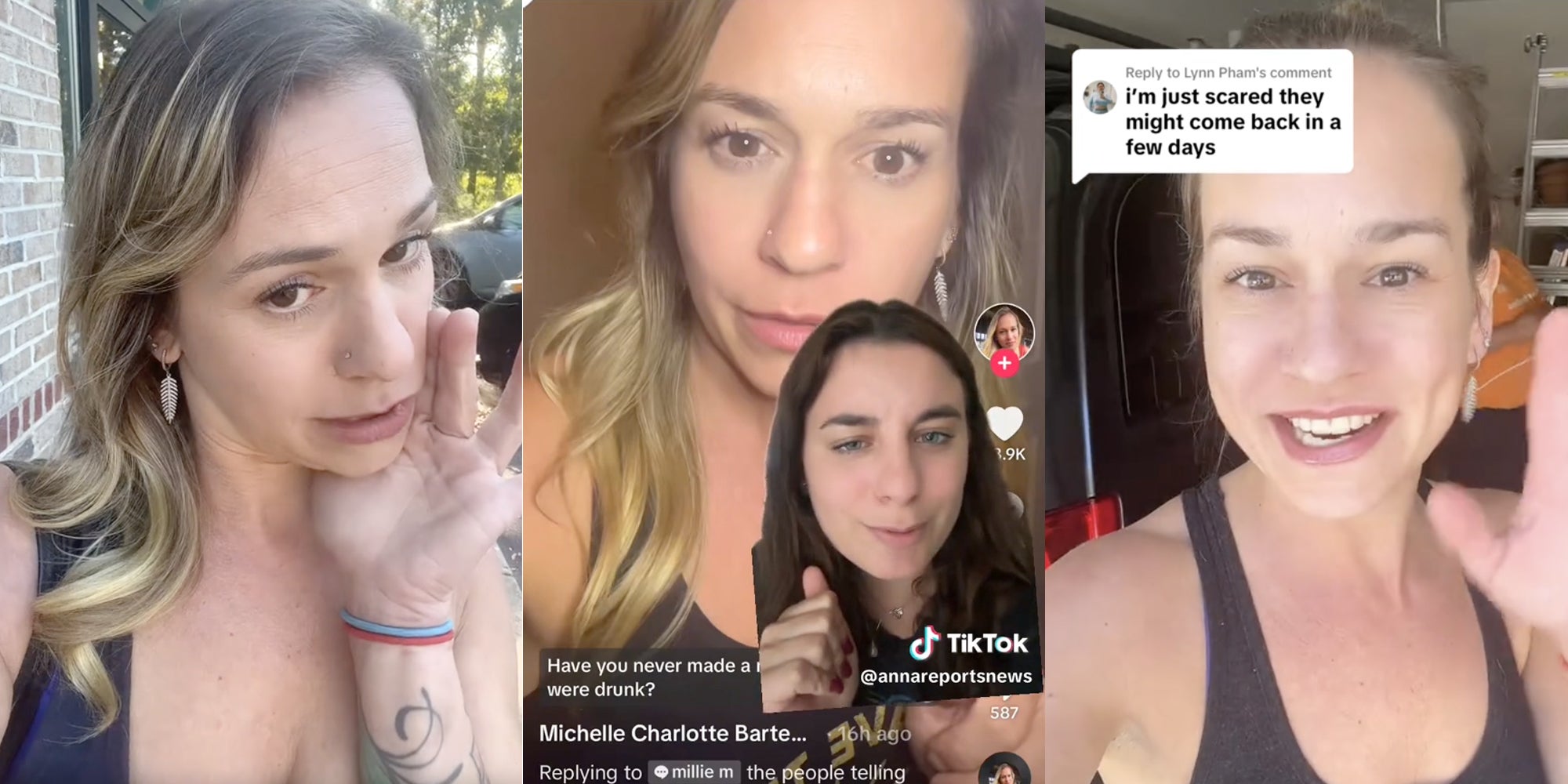 Michelle the bartender talking to camera(l+r), Woman talking in front of a video of Michelle the bartender(c)