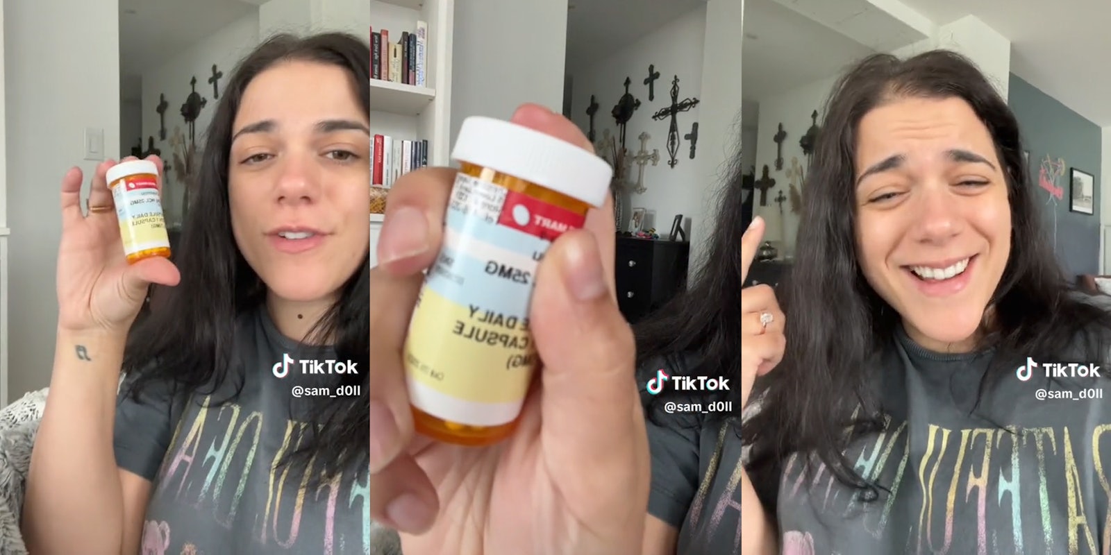 Woman showing off medication and talking to camera