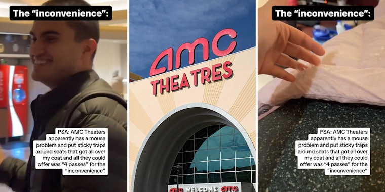 Woman seeing movie at AMC sets coat on mouse traps