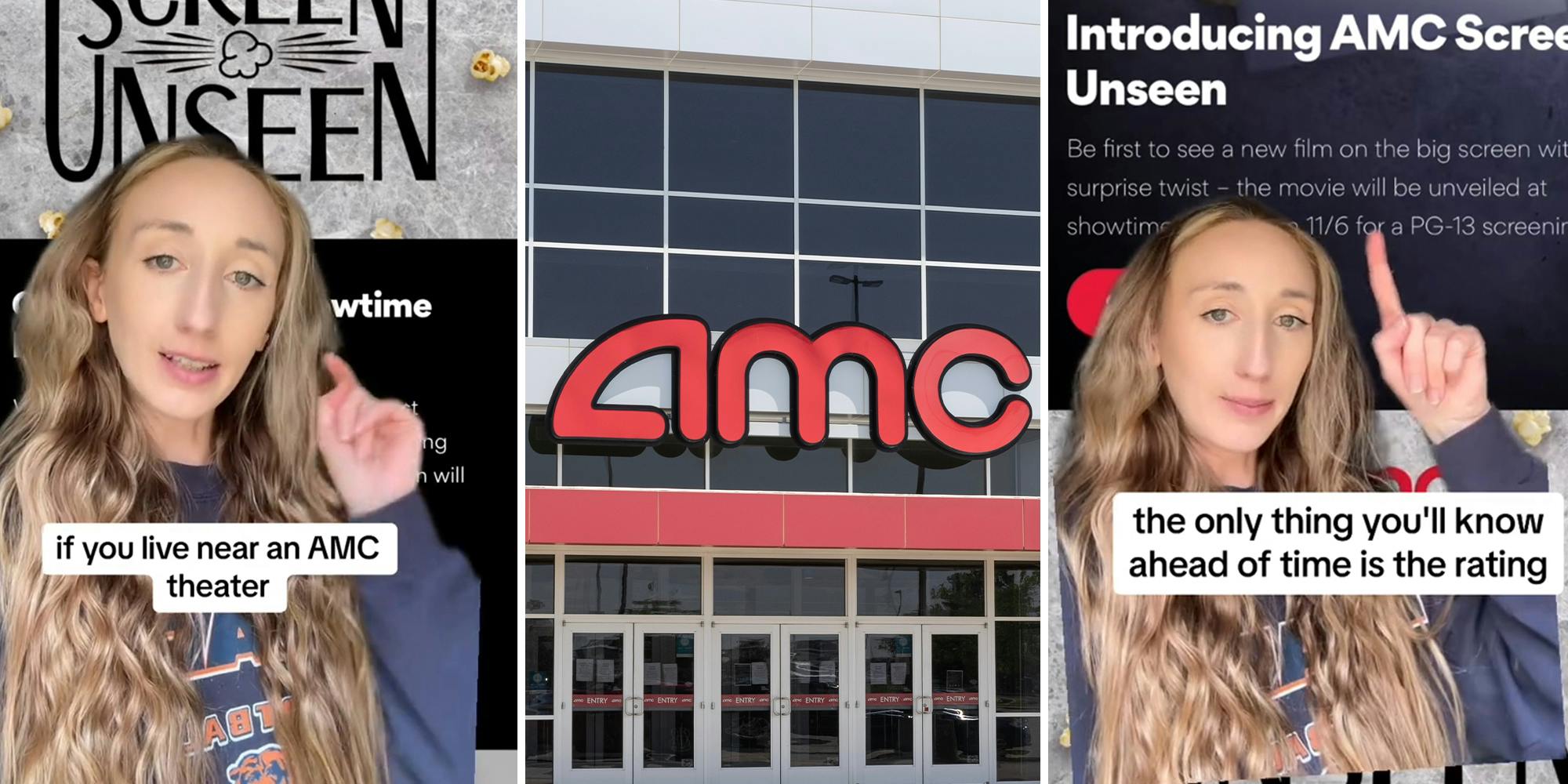 Woman explaining Amc Screen Unseen; AMC logo on building