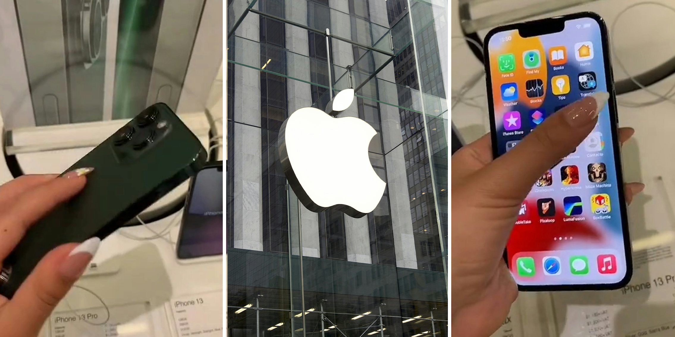 woman holding green iphone; Apple Store Logo