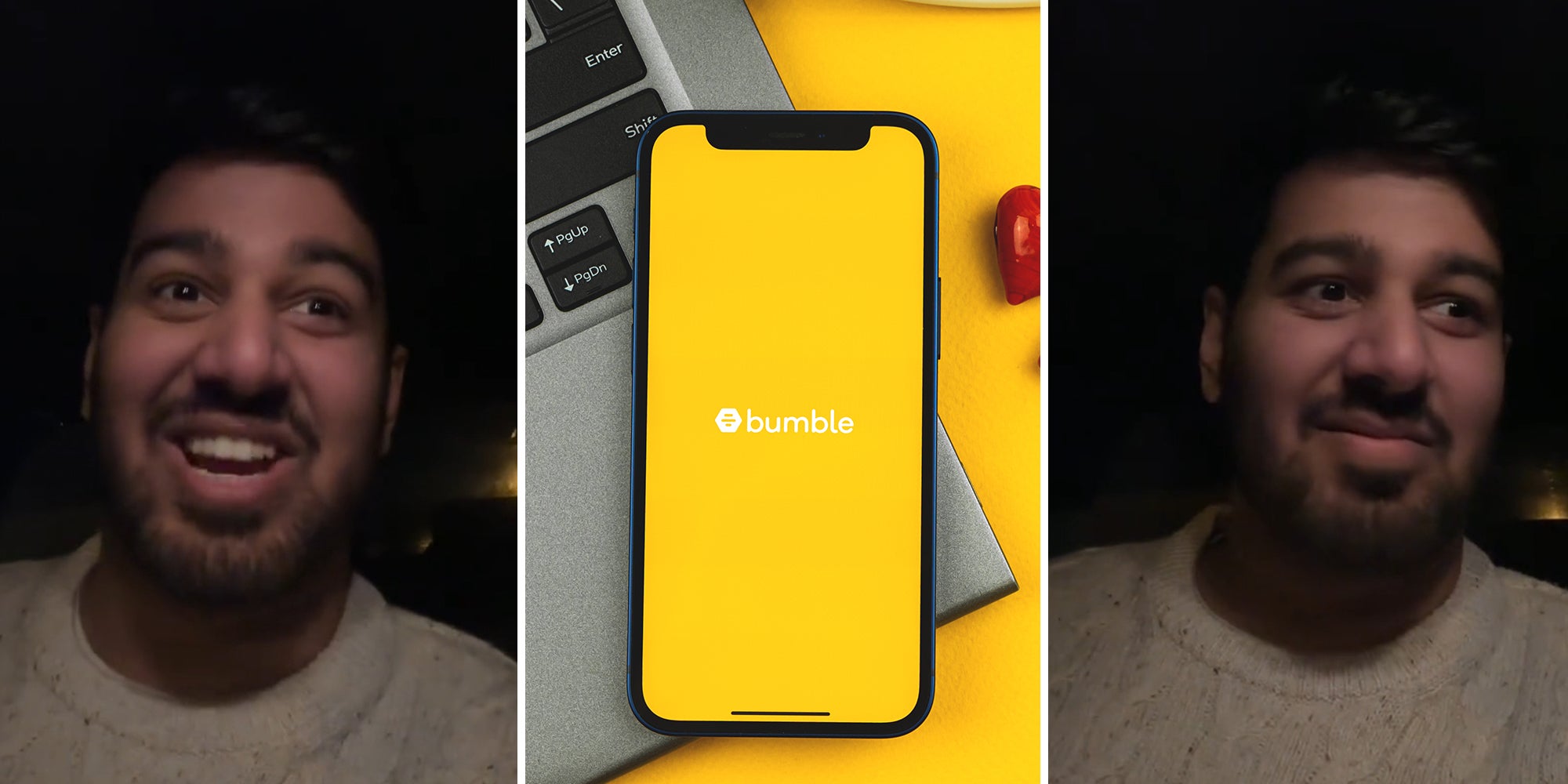 Two screenshots of a man looking at the camera. In the middle is a Bumble logo on a phone. 