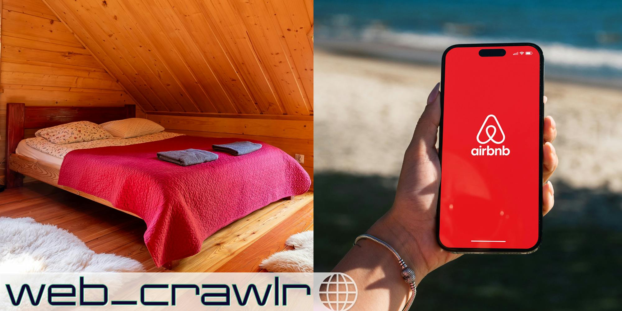 A side-by-side of a bed and a person holding a phone with the Airbnb logo on it. The Daily Dot newsletter web_crawlr logo is in the bottom left corner.