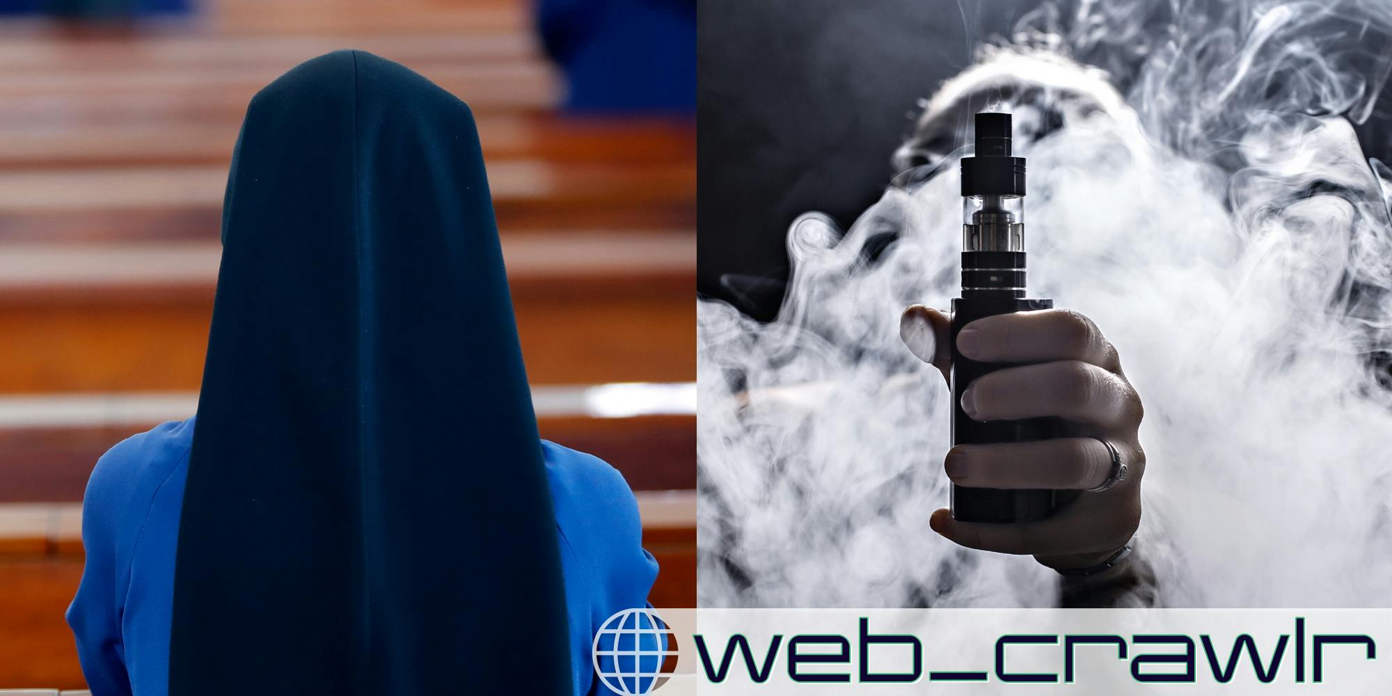 A side by side of a nun and a person holding a vape. The Daily Dot newsletter web_crawlr logo is in the bottom right corner.