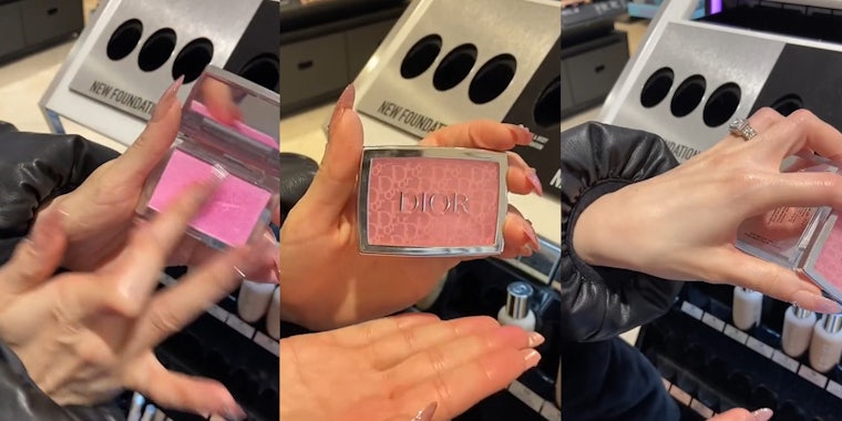 Woman swatches Dior blush, with a disappointing result