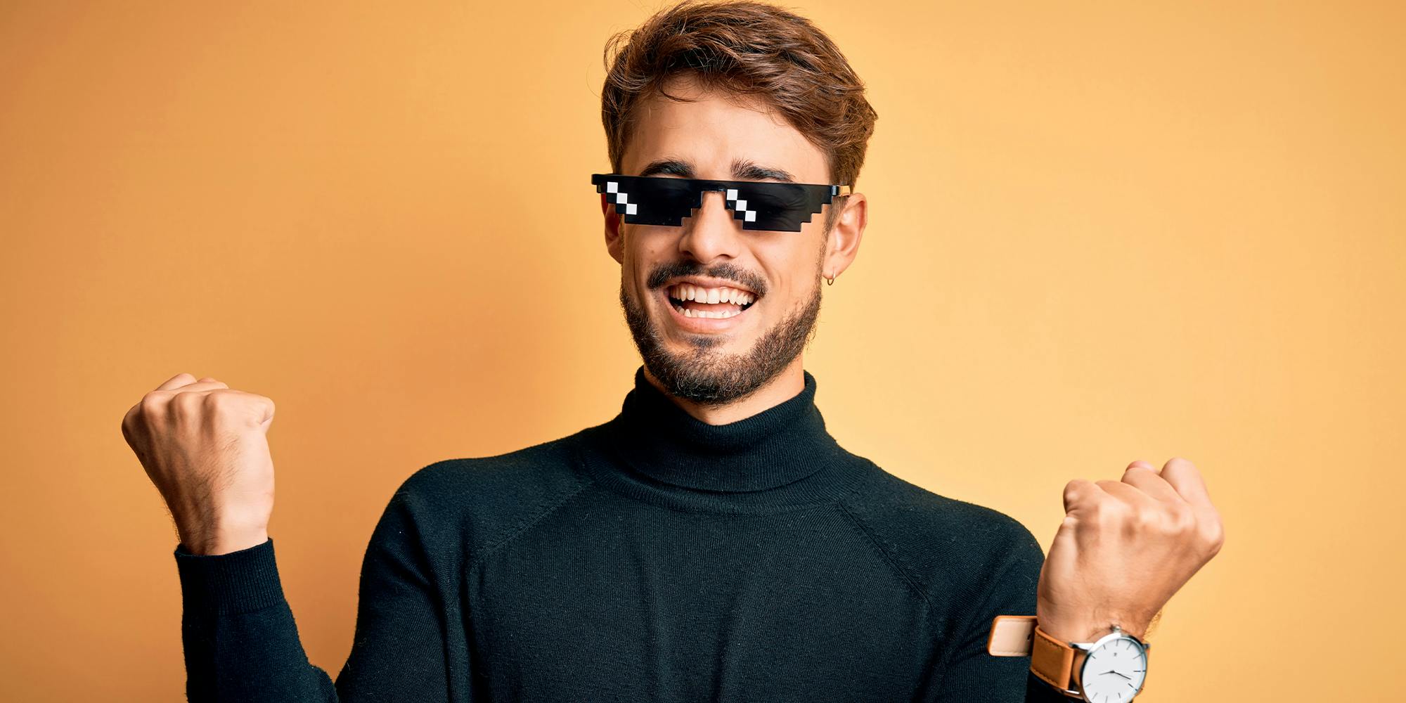 Young man wearing thug life fanny sunglasses