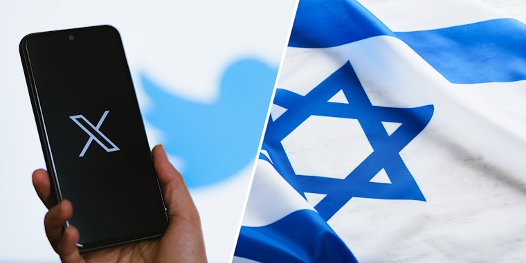 Hand holding iphone with X logo; National Israel flag with star of David over white wooden background. Close up.